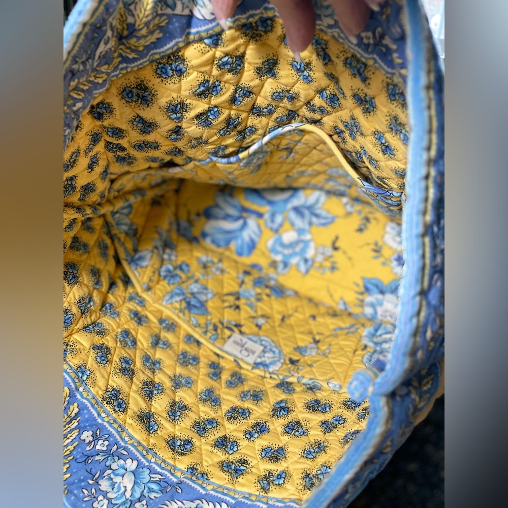 Vintage Quilted Keepers yellow & blue floral fabric tote cottage French Country - Picture 8 of 12